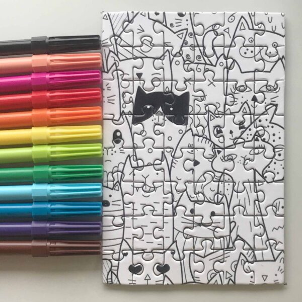 Quebra-cabeça para montar e colorir - "Gato e suas 7 vidas" - 48 peças - Montado e pronto para colorir
