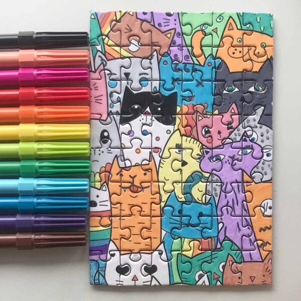 Quebra-cabeça para montar e colorir - "Gato e suas 7 vidas" - 48 peças - Após montar e colorir